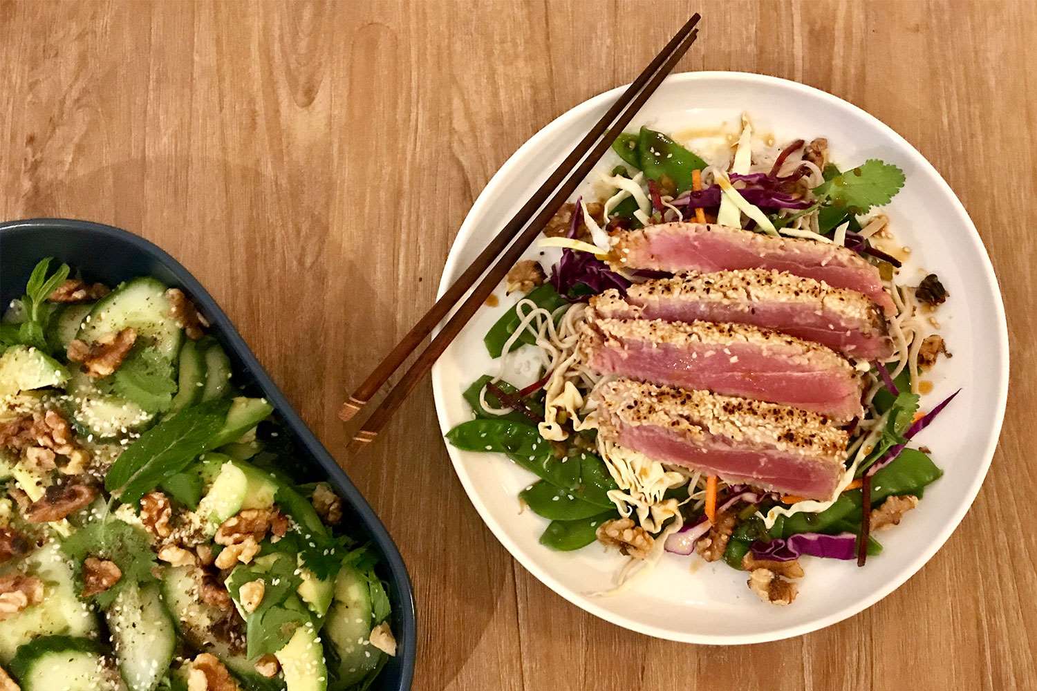 Sesame Crusted Tuna with Soba Noodles and Asian Slaw