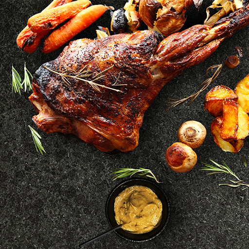 Truffle Mustard-crusted Roast Lamb with Potatoes & Spinach