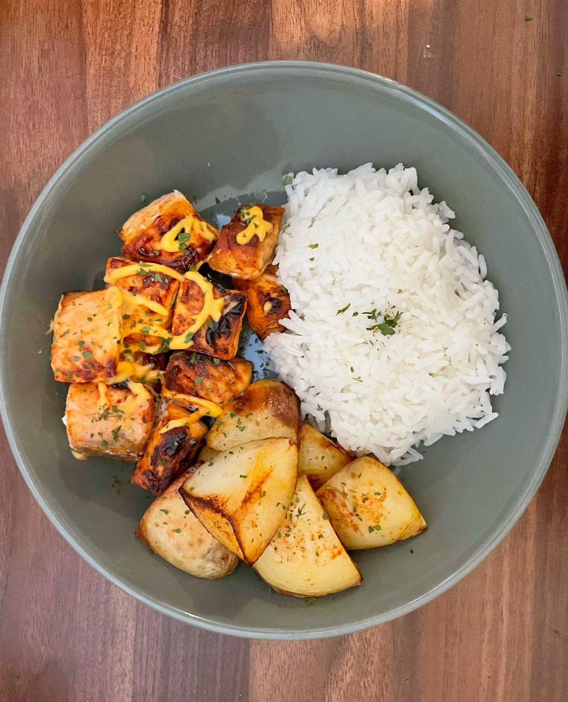 Air Fryer Bang Bang Salmon with Crispy Potatoes & Rice